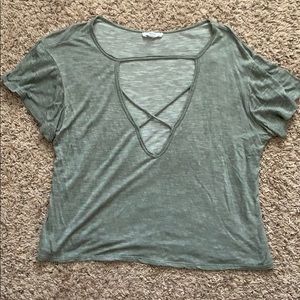 Green Lace Up V-Neck Cropped Shirt